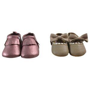 Lot of 2 Baby Girl Moccasins Pink Fringe & Tan Bow Soft Sole Crib Shoes Size 0-3